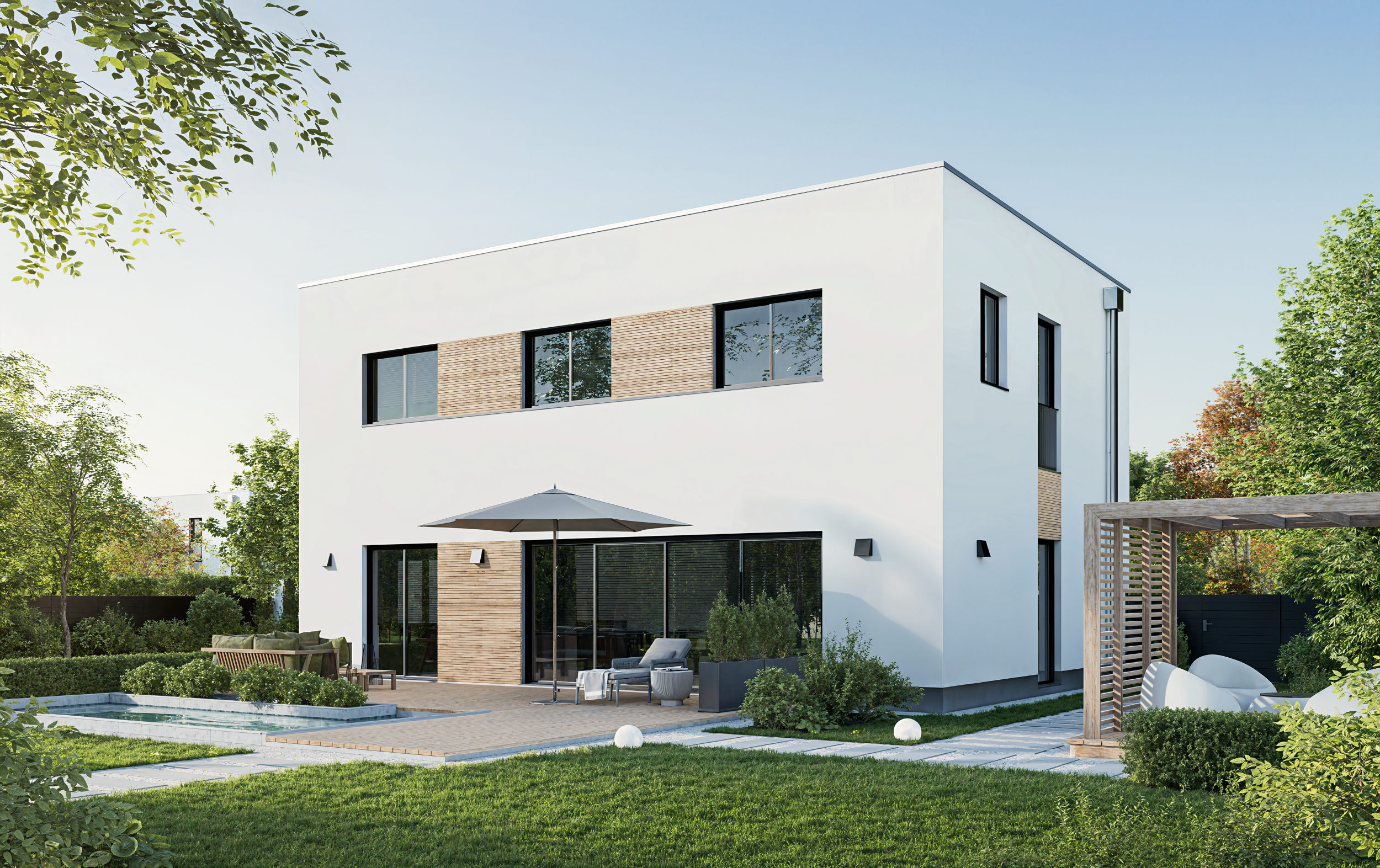 Architektur 3D Visualisierung von einem modernen Einfamilienhaus Gebäude mit Pool und Holzelementen in Regensburg