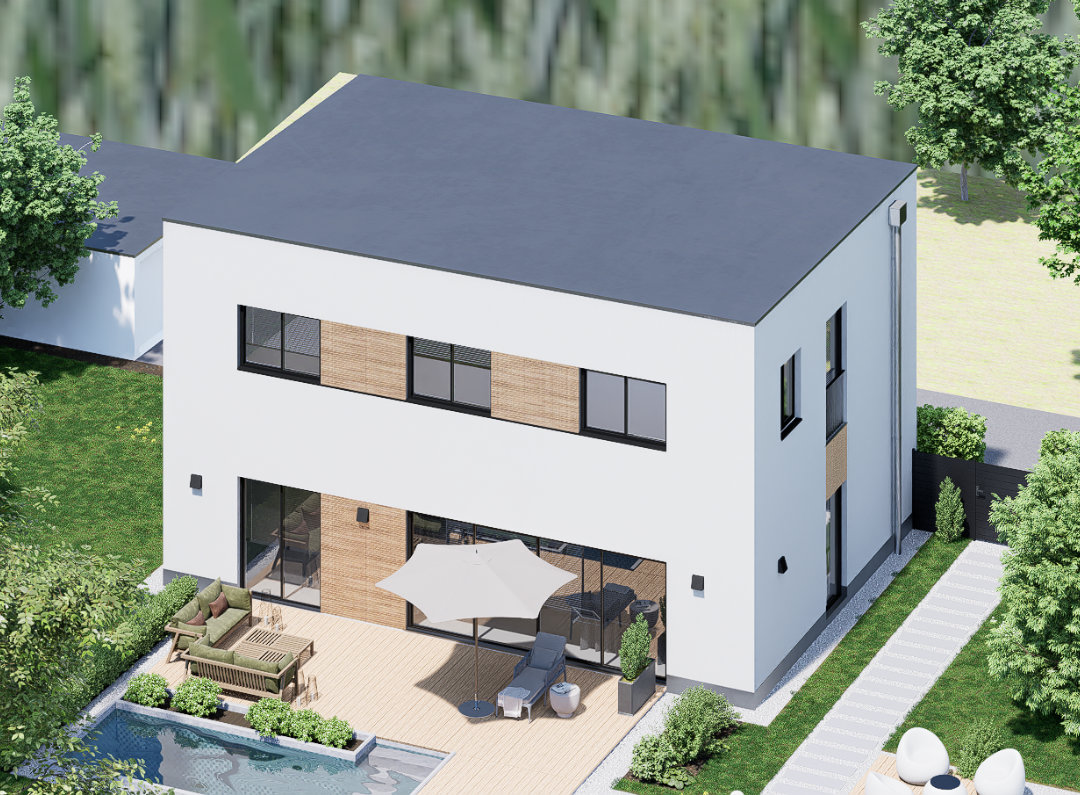 Grundbeleuchtung Architektur 3D Visualisierung von einem modernen Einfamilienhaus Gebäude mit Pool und Holzelementen in Eichstätt