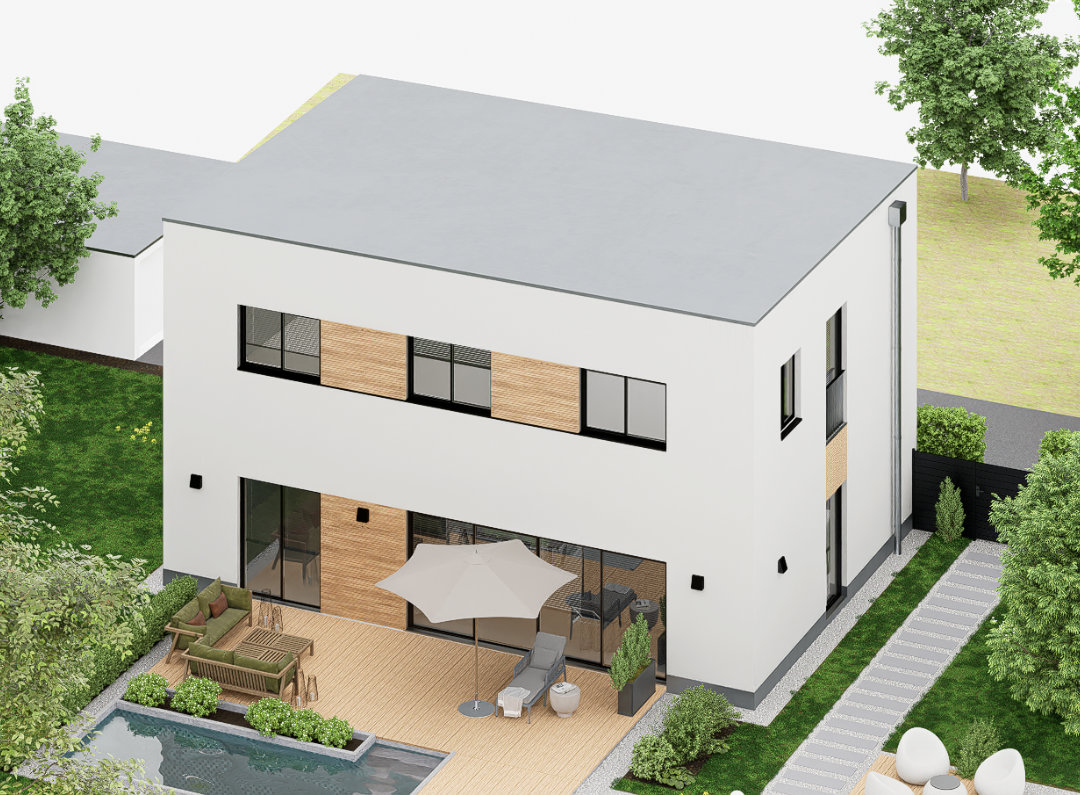 Material Definition Architektur 3D Visualisierung von einem modernen Einfamilienhaus Gebäude mit Pool und Holzelementen in Straubing