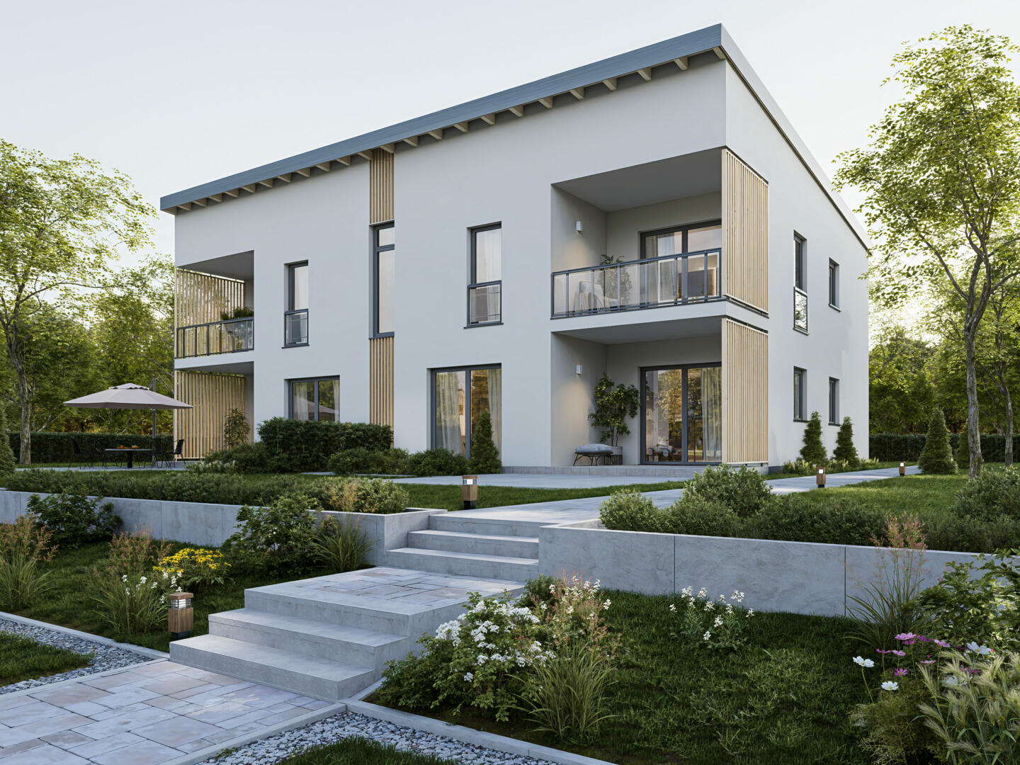 Architektur 3D Visualisierung von einem modernen Mehrfamilienhaus Gebäude Haus in der Natur mit Holzelementen in Regensburg Ingolstadt Bayern