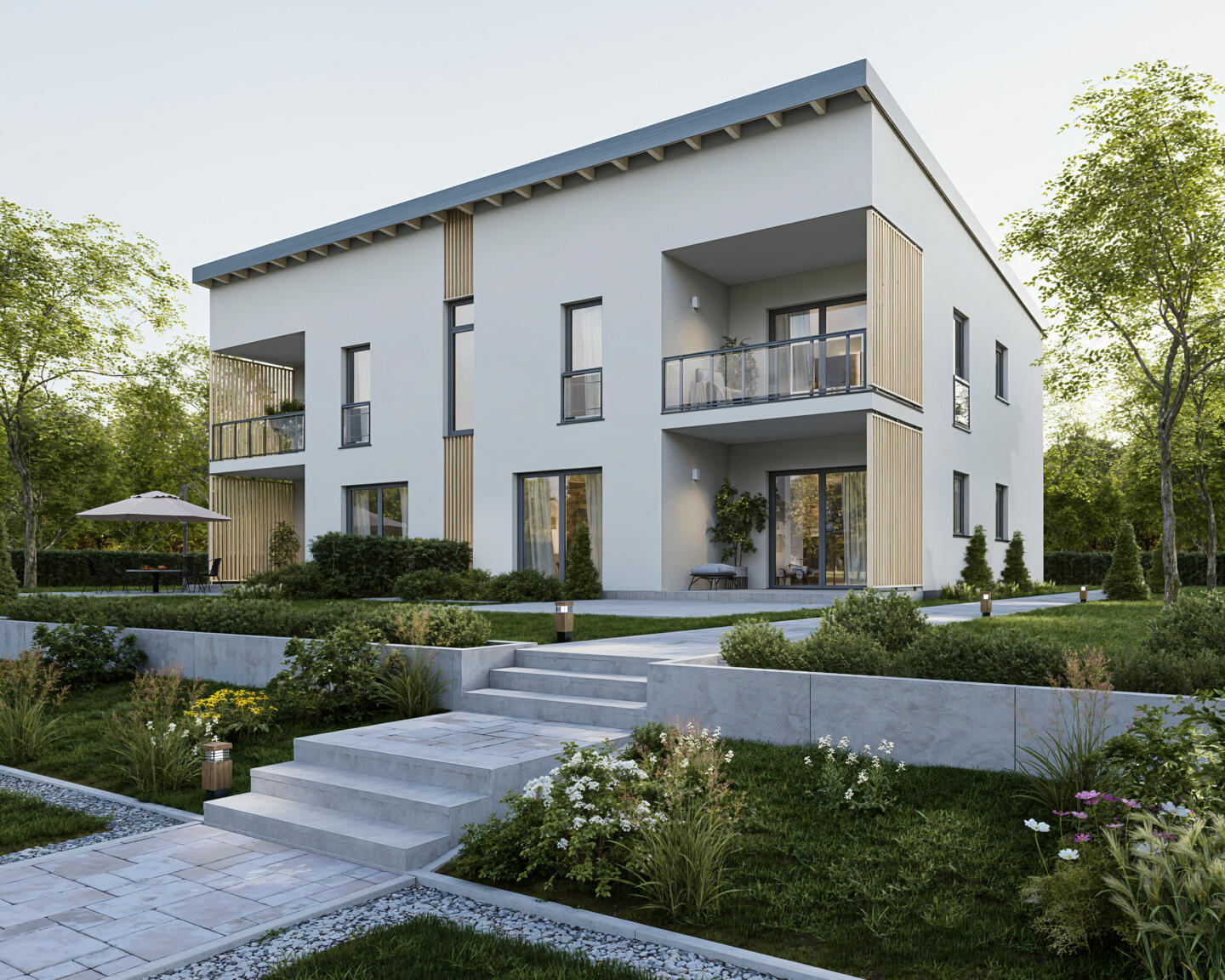 Architektur 3D Visualisierung von einem modernen Mehrfamilienhaus Gebäude Haus in der Natur mit Holzelementen in Regensburg Ingolstadt Bayern