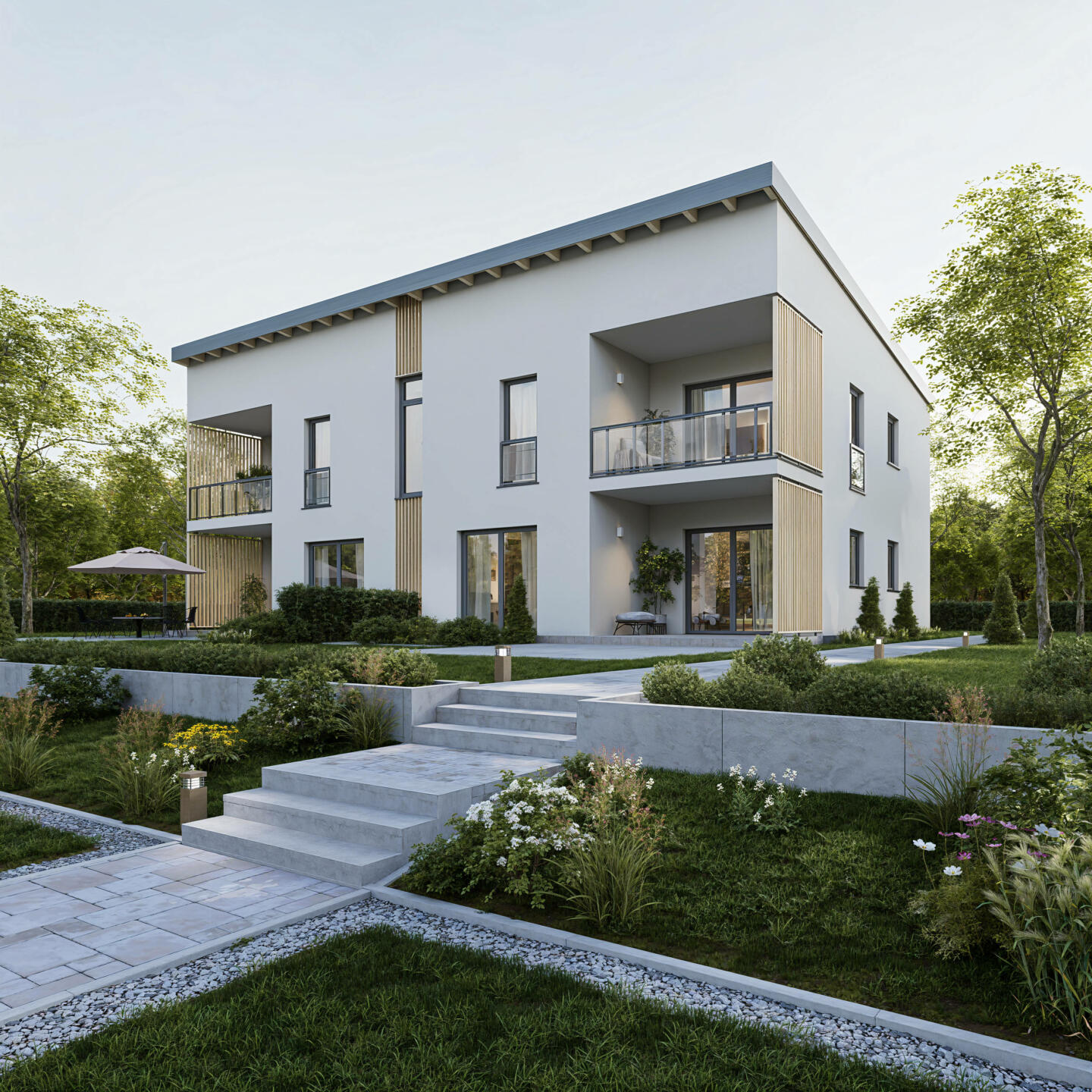 Architektur 3D Visualisierung von einem modernen Mehrfamilienhaus Gebäude Haus in der Natur mit Holzelementen in Regensburg Ingolstadt Bayern