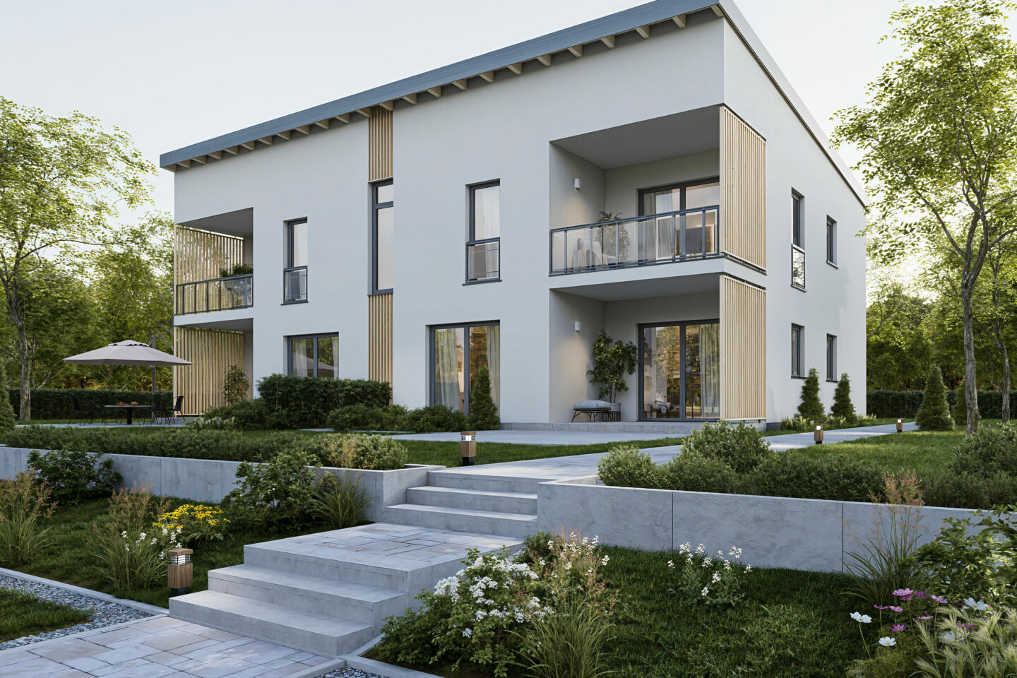 Architektur 3D Visualisierung von einem modernen Mehrfamilienhaus Gebäude Haus in der Natur mit Holzelementen in Regensburg Ingolstadt Bayern