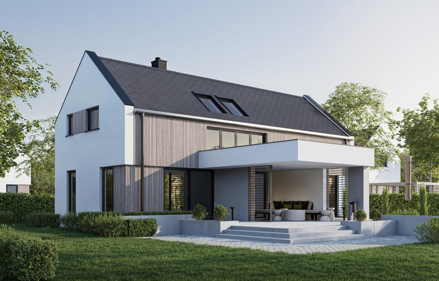 Architektur 3D Visualisierung von einem modernen Mehrfamilienhaus Gebäude mit Metall und Holzelementen in Kelheim Bayern