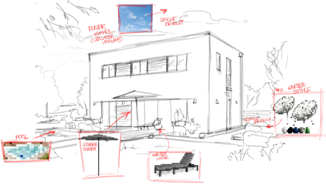 Storyboard Architektur 3D Visualisierung von einem modernen Einfamilienhaus Gebäude mit Pool und Holzelementen in Obertraubling