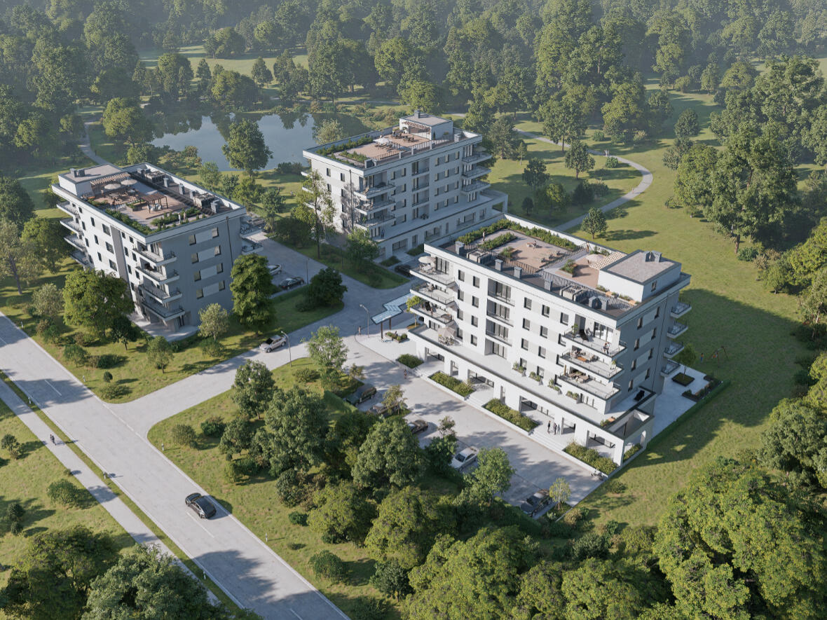 Architektur Immobilie 3D Visualisierung einer Wohnlange von Mehrfamilienhaus Gebäude Haus in der Natur Ingolstadt Regensburg und Eichstätt