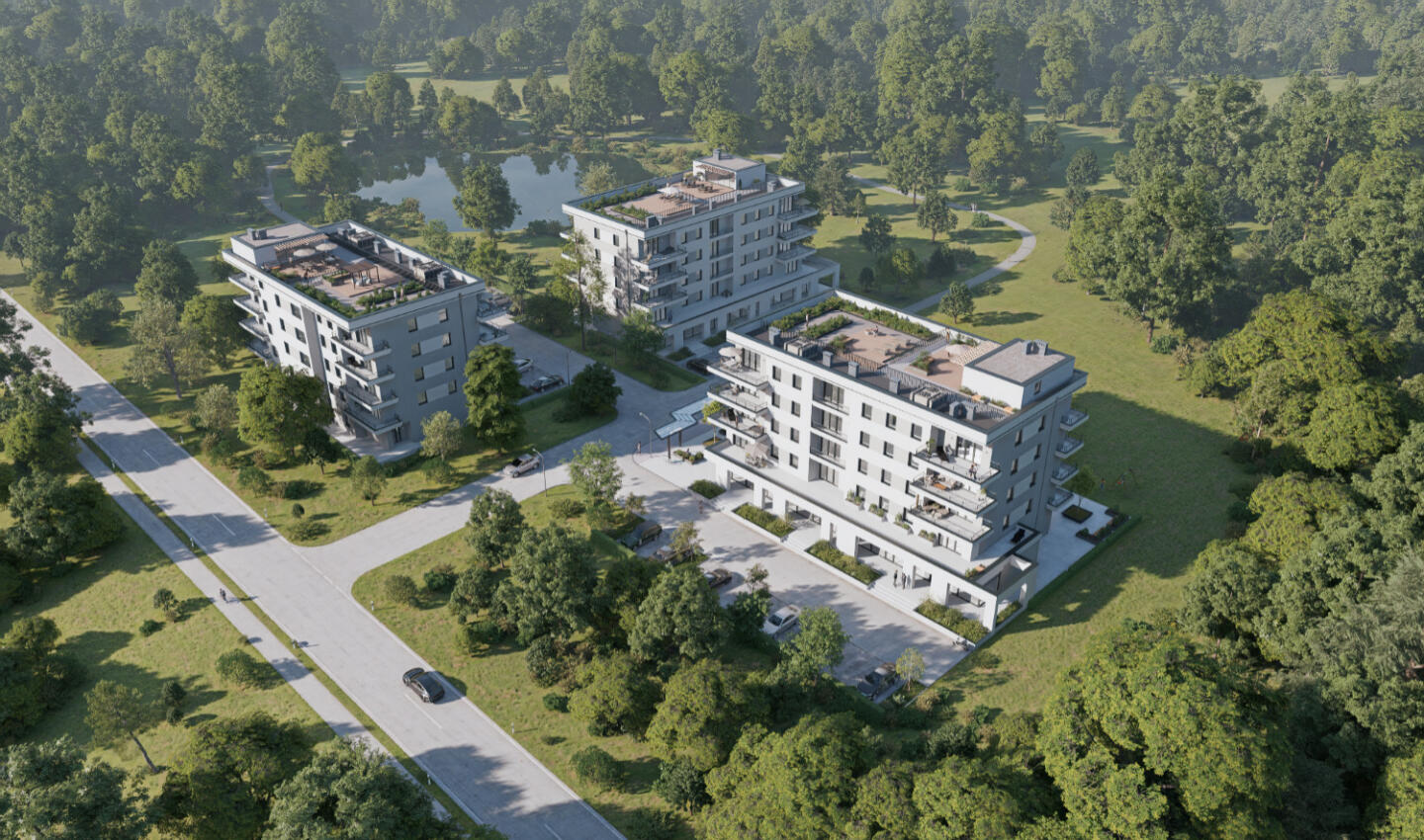 Architektur Immobilie 3D Visualisierung einer Wohnlange von Mehrfamilienhaus Gebäude Haus in der Natur Ingolstadt Regensburg und Eichstätt